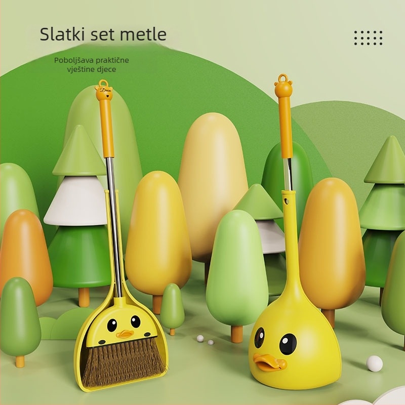 Dječji set metle i lopatice za prašinu sa žutom patkom – plastični