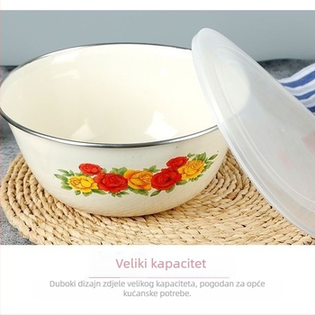 Debela emajlirana posuda s poklopcem za kuhinjsku upotrebu; pogodna za juhe, tjesteninu, salate i miješanje; klasičan nostalgičan dizajn