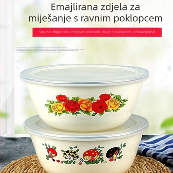 Debela emajlirana posuda s poklopcem za kuhinjsku upotrebu; pogodna za juhe, tjesteninu, salate i miješanje; klasičan nostalgičan dizajn