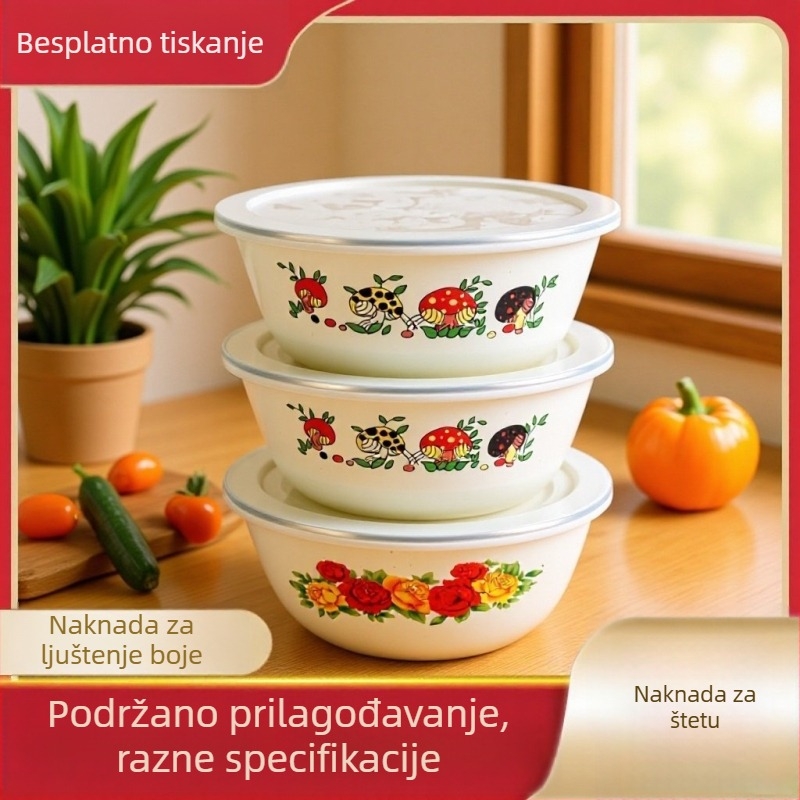 Debela emajlirana posuda s poklopcem za kuhinjsku upotrebu; pogodna za juhe, tjesteninu, salate i miješanje; klasičan nostalgičan dizajn