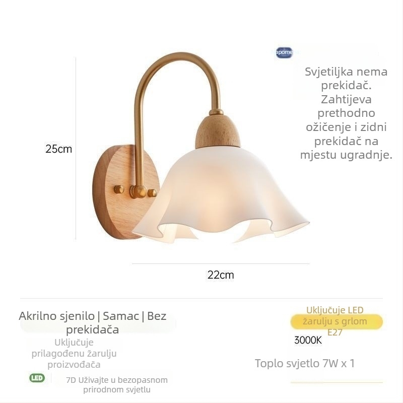Zidna svjetiljka u japanskom stilu sa staklenim sjenilom, cvjetni pastoralni dizajn, drveno pozadje; pogodna za spavaću sobu, ured i hodnik