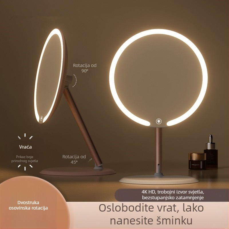 Šminkersko ogledalo s dvije osi, LED rasvjeta, stolno, rotirajuće, za dom i ured