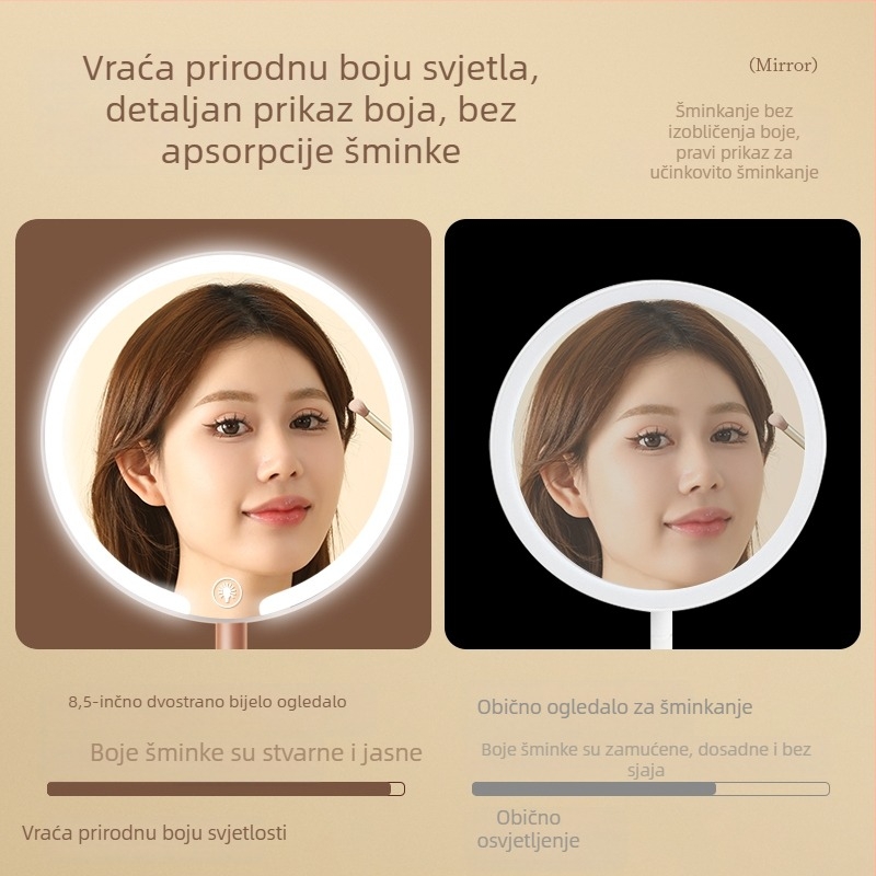 Šminkersko ogledalo s dvije osi, LED rasvjeta, stolno, rotirajuće, za dom i ured