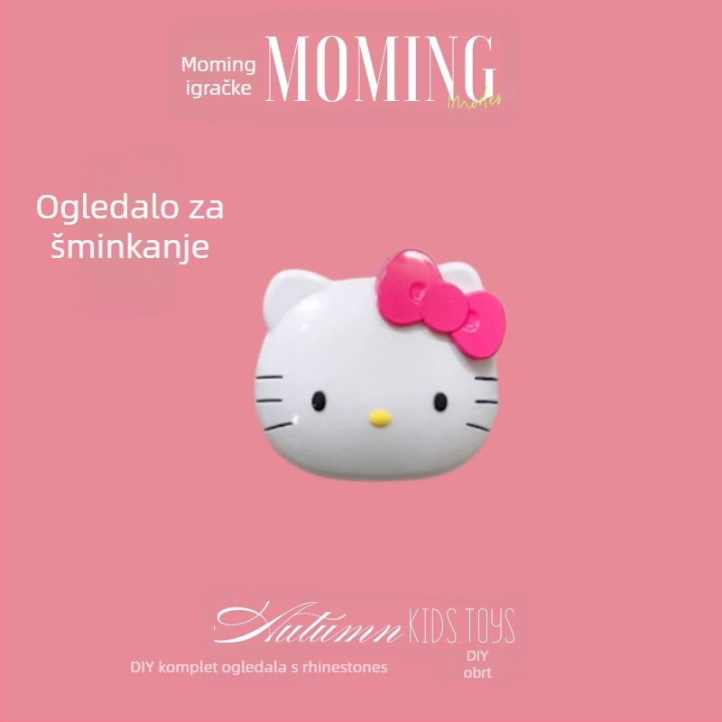 Cartoon Pink KT Ogledalo za putovanje, Kompaktno prijenosno kozmetičko ogledalo, Mini sklopno s češljem, DIY Malo ogledalo