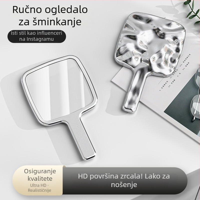 Ogledalo s drškom u uzorku vodnih valova, srebrno ručno ogledalo za šminkanje, prenosno četvrtasto HD ogledalo za stolnu uporabu
