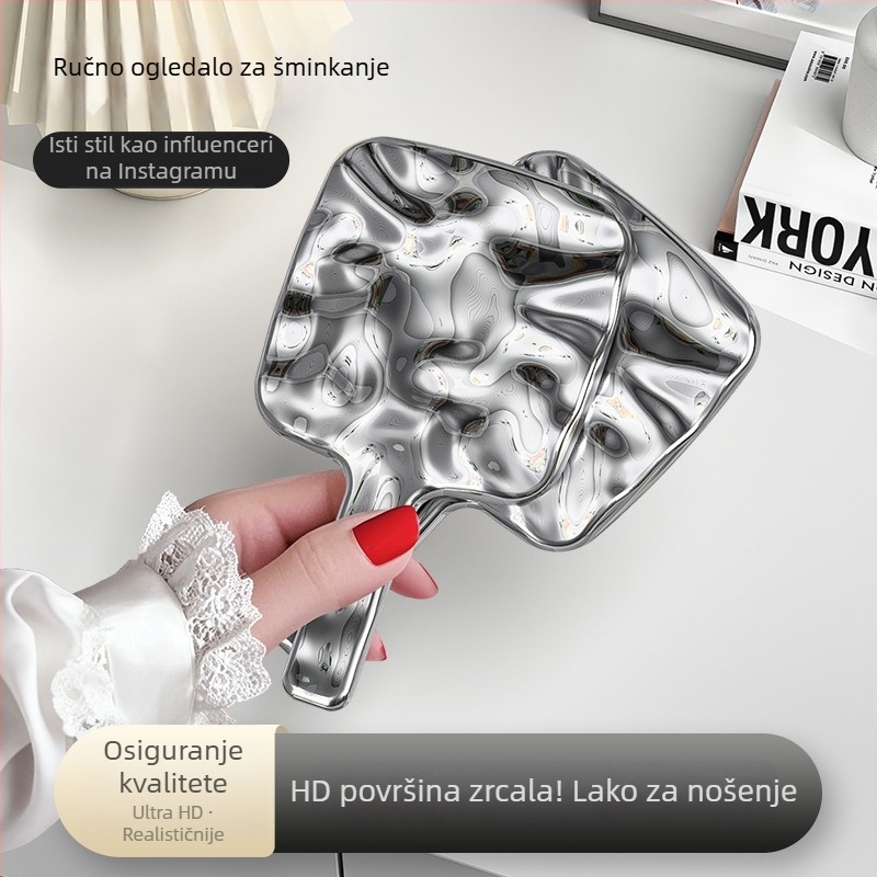 Ogledalo s drškom u uzorku vodnih valova, srebrno ručno ogledalo za šminkanje, prenosno četvrtasto HD ogledalo za stolnu uporabu