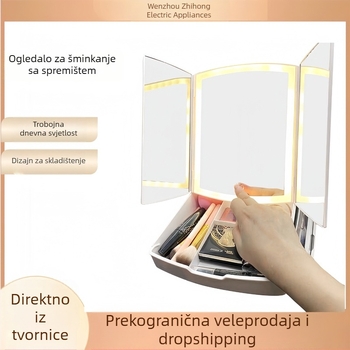 Prijenosni sklopivi organizator za šminku sa LED ogledalom i prostorom za pohranu s tri vrata