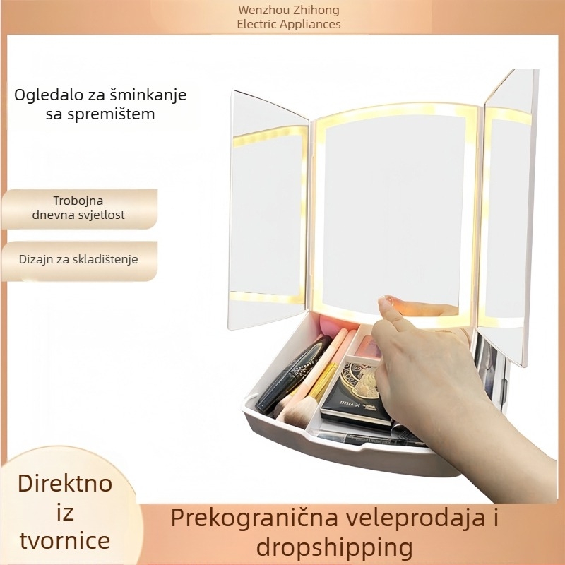 Prijenosni sklopivi organizator za šminku sa LED ogledalom i prostorom za pohranu s tri vrata