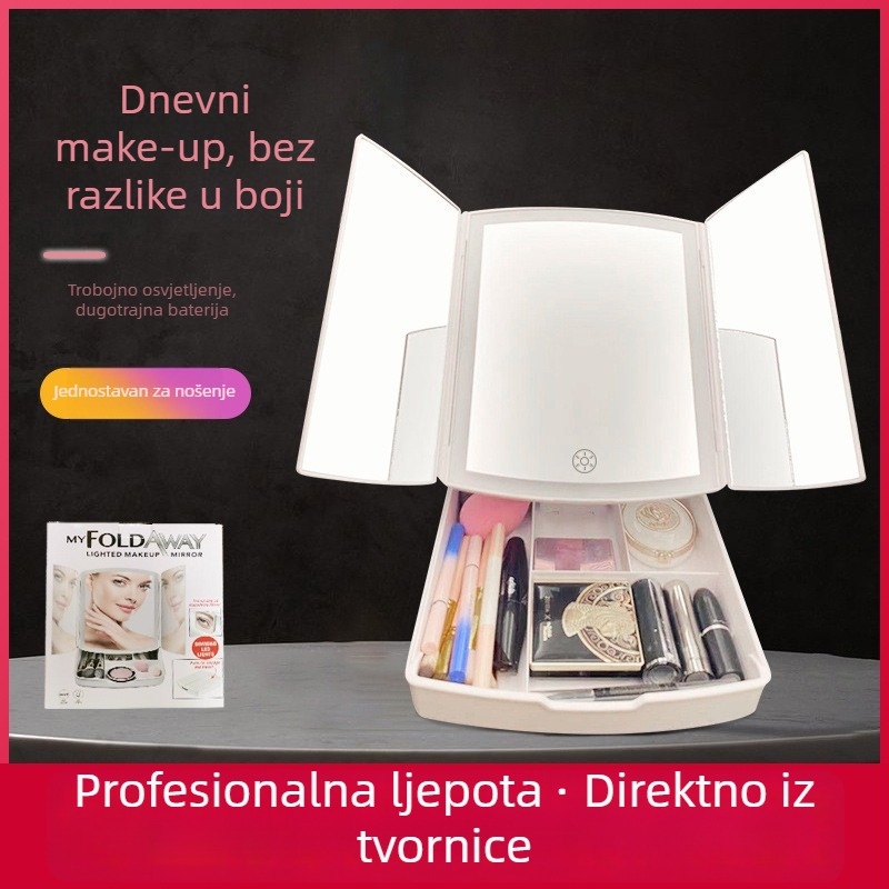 Prijenosni sklopivi organizator za šminku sa LED ogledalom i prostorom za pohranu s tri vrata