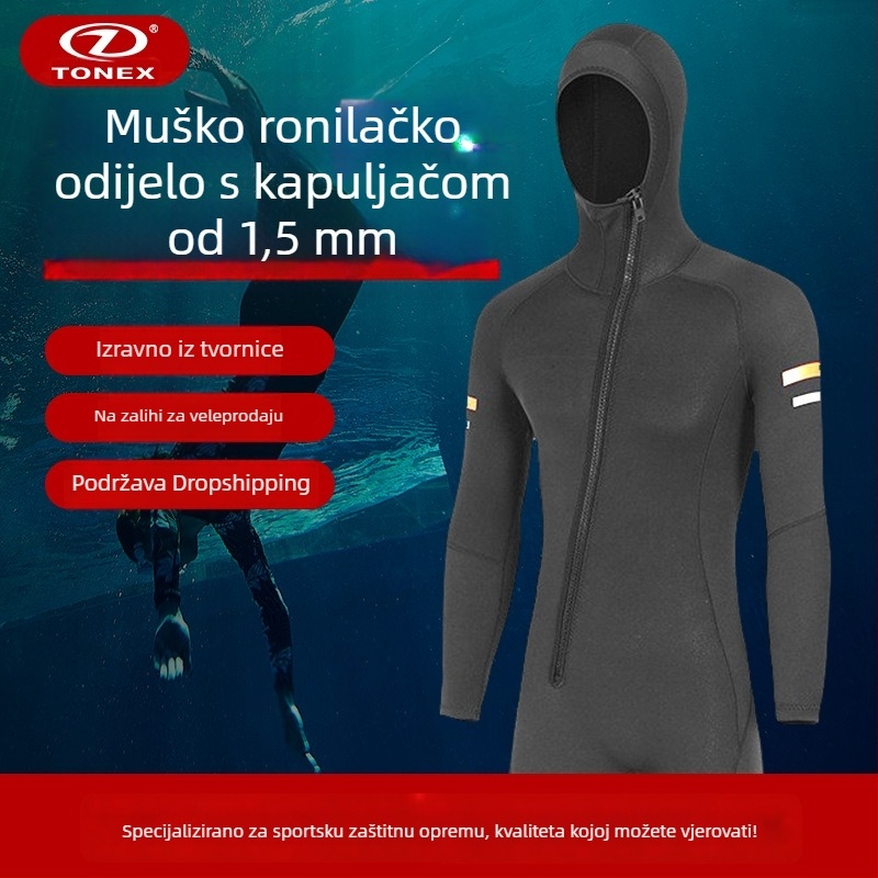 Muški 1,5 mm kapuljača neopren kombinezon za ronjenje, snorkeling i surfanje – toplo, s zatvaračem