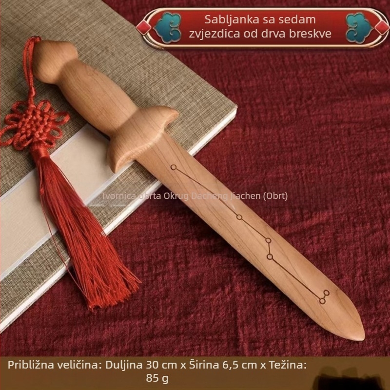 Drvo breskve – mač sa sedam zvijezda, gravirani mini dječji mač i drveni privjesak