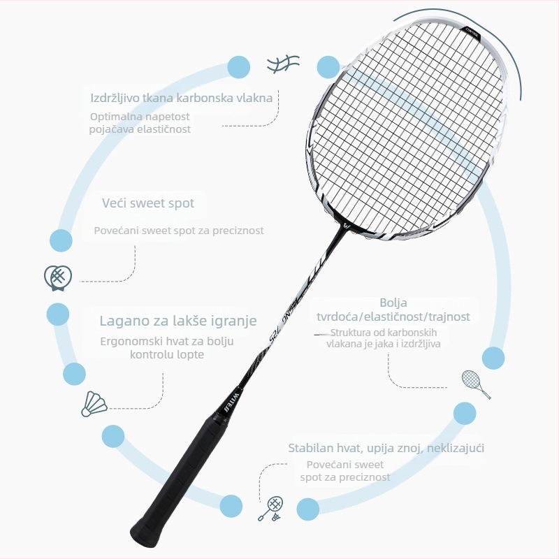 WITESS badminton reketa, potpuno karbonska, izdržljiva za odrasle