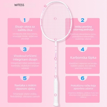Raketa za badminton od karbonskih vlakana, prilagođena za singl i dvojice, ofenzivnog tipa, izdržljiva za profesionalna natjecanja.