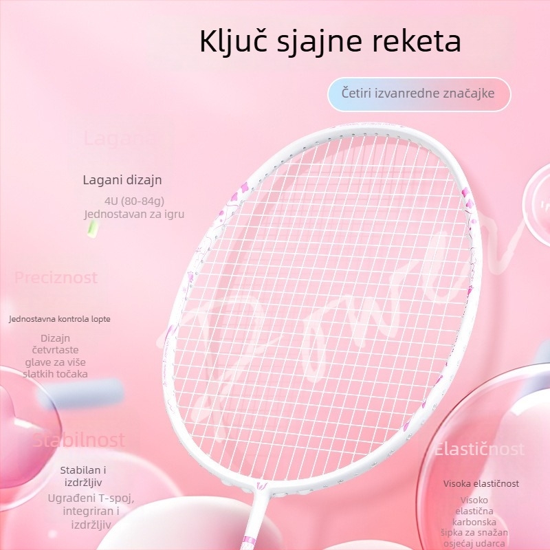 Raketa za badminton od karbonskih vlakana, prilagođena za singl i dvojice, ofenzivnog tipa, izdržljiva za profesionalna natjecanja.