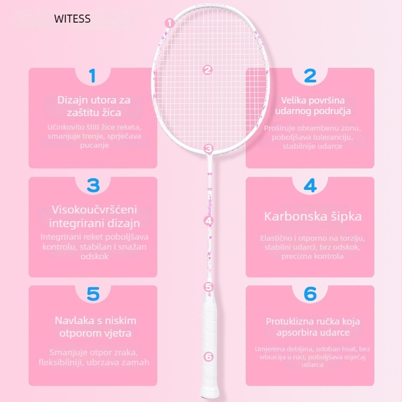 Raketa za badminton od karbonskih vlakana, prilagođena za singl i dvojice, ofenzivnog tipa, izdržljiva za profesionalna natjecanja.