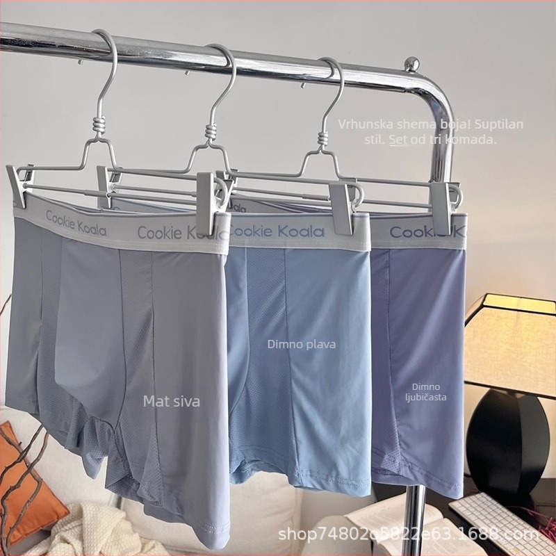 Trobojni set muških gaćica od ice silk, jednobojne, bezšivne, prozračne bokserice za tinejdžere