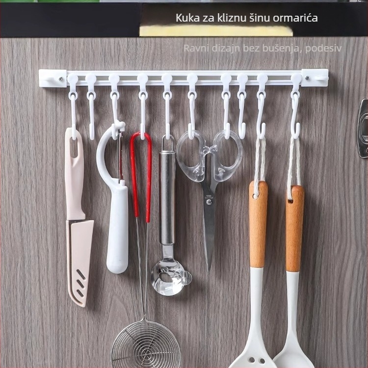 Klizna šipka za kuhinju s ljepilnim kukama, montaža bez bušenja, niz držača za vješanje i vodoravne šipke