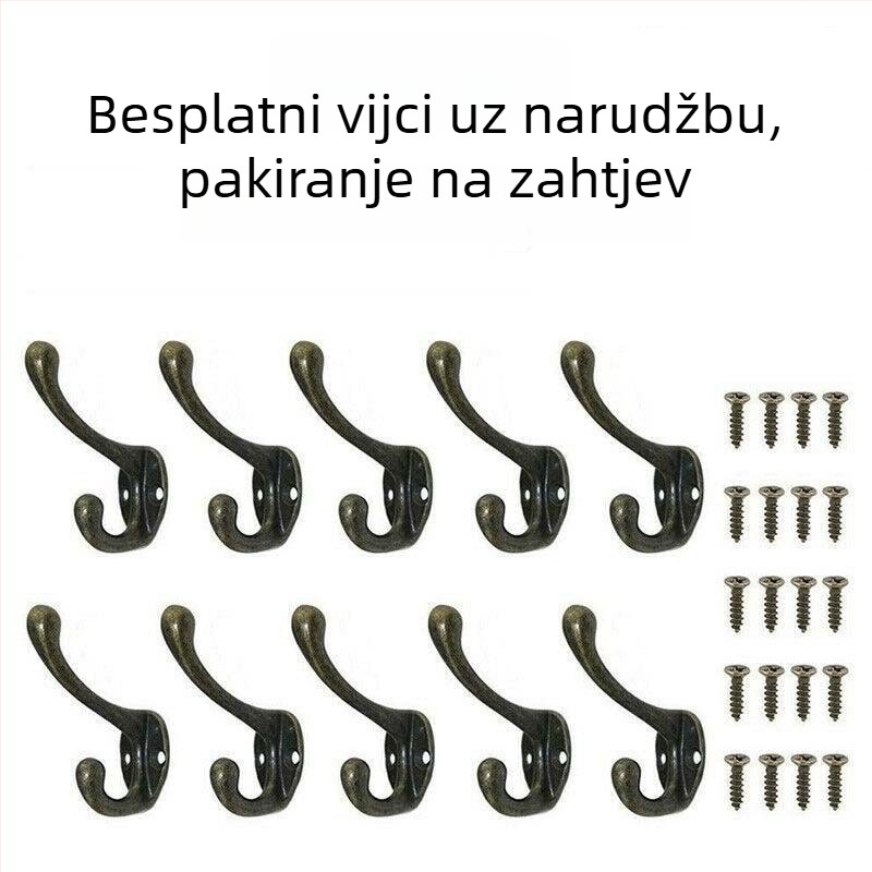 Nosač za zid od cinkovog legura, dvostruka kuka, protuklizna, za ormar, garderobu i kupaonicu, antikni stil