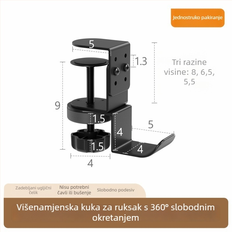 Držač za torbu na radnom stolu bez bušenja, podesivi metalni vješalica za torbe, moderni minimalistički stil, nosivost 1–3 kg, Shell Stone