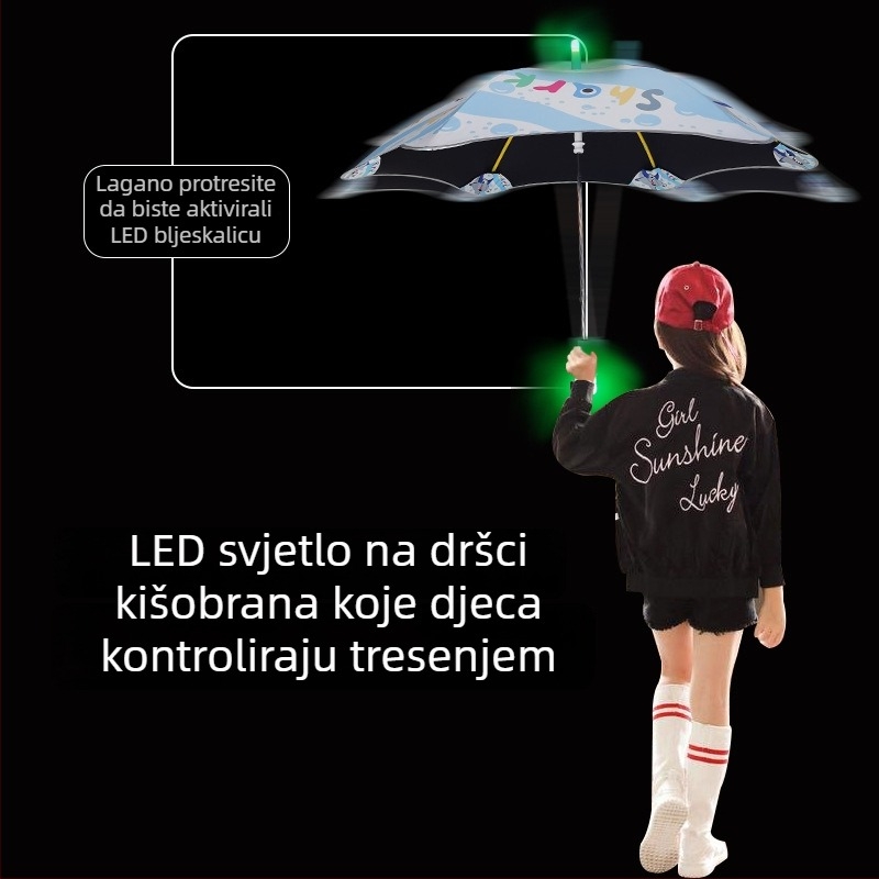 LED svijetli dječji kišobran – slatka crtež dizajn, zaobljeni rubovi, zaštita od uboda, crni gumeni kišobran, dvostruka uporaba za sunce i kišu