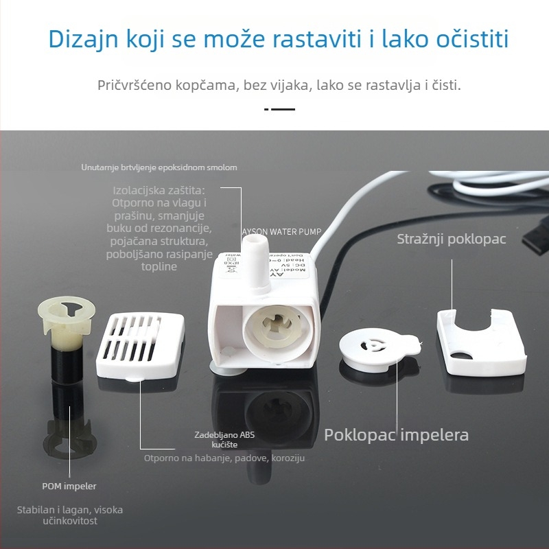 Potopna pumpa za vodu za mačke i pse s automatskim isključivanjem pri suhom radu i senzorom svjetla, 1–3 W, podizanje 0,6 m, DC5V
