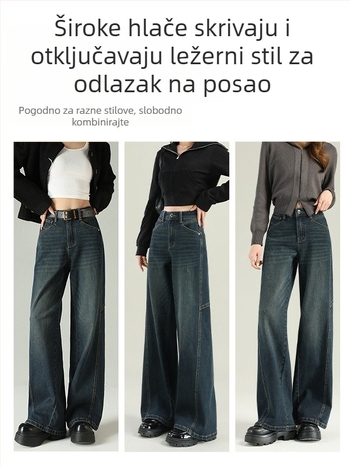 Ženske traperice visokog struka i širokih nogavica, denim, 2025 proljeće–jesen, slobodan kroj, retro stil, dugačke hlače