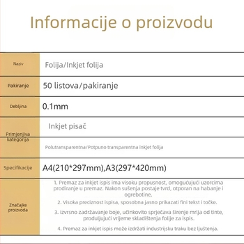 A3/A4 Filmski papir za tisak tintom – mliječno bijeli vodootporni film za sitotip na prozirnom papiru za svjetlosno slikanje