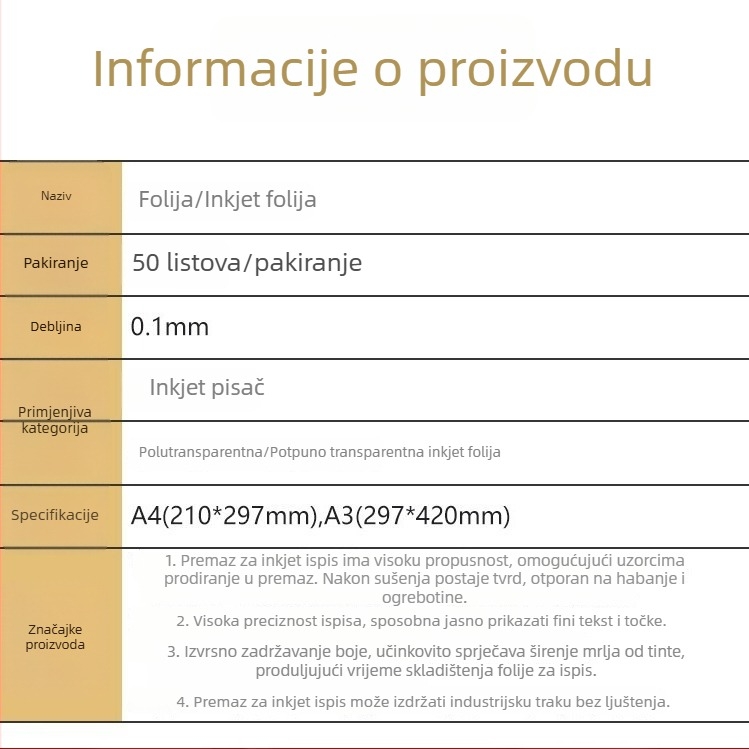 A3/A4 Filmski papir za tisak tintom – mliječno bijeli vodootporni film za sitotip na prozirnom papiru za svjetlosno slikanje