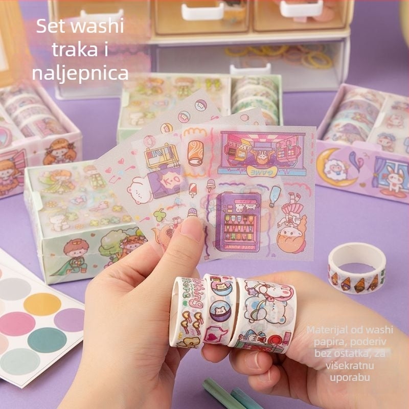 Slatki set washi trake i naljepnica za planere — crtane naljepnice za djecu