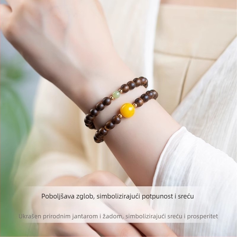 Drvena narukvica s dvostrukim omotom, perle od agarwooda, jantar i jade, unisex, retro-etnički stil