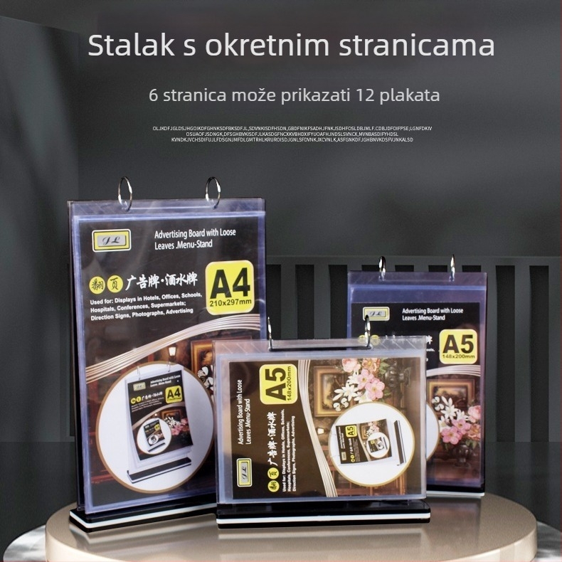 Akrilni prikazni stalak za A4 stranice s prelistavanjem, 12‑strani jelovnik i A5 kalendar