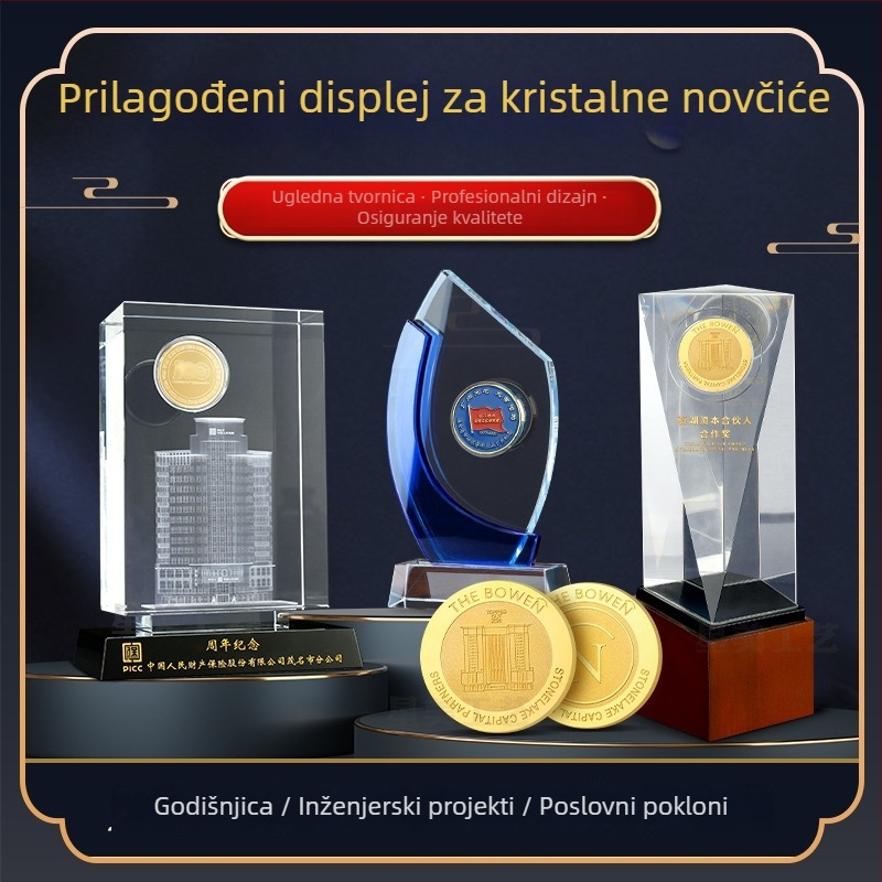 Kristalni ukras s ugraviranim novčićima, prilagođena IPO godišnjica poduzeća, vrhunski kristalni trofej