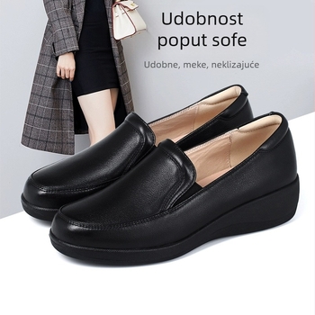 Ženske crne cipele od PU kože, protuklizna gumena potplat, okrugli vrh, niski gornji dio, klinasti potplat 3–5 cm, udobne svakodnevne cipele za posao