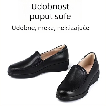 Ženske crne cipele od PU kože, protuklizna gumena potplat, okrugli vrh, niski gornji dio, klinasti potplat 3–5 cm, udobne svakodnevne cipele za posao