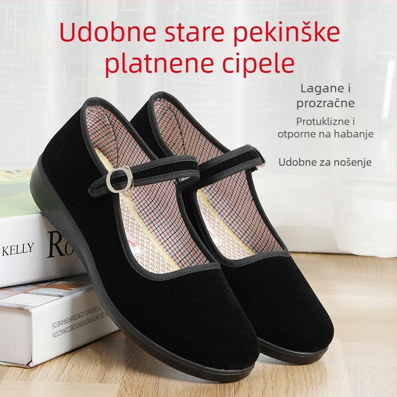 Ženske plesne cipele s velurovim gornjim dijelom, crne, kopča, ravna peta, kvadratni vrh, plastična potplata, pogodne za formalno odijevanje