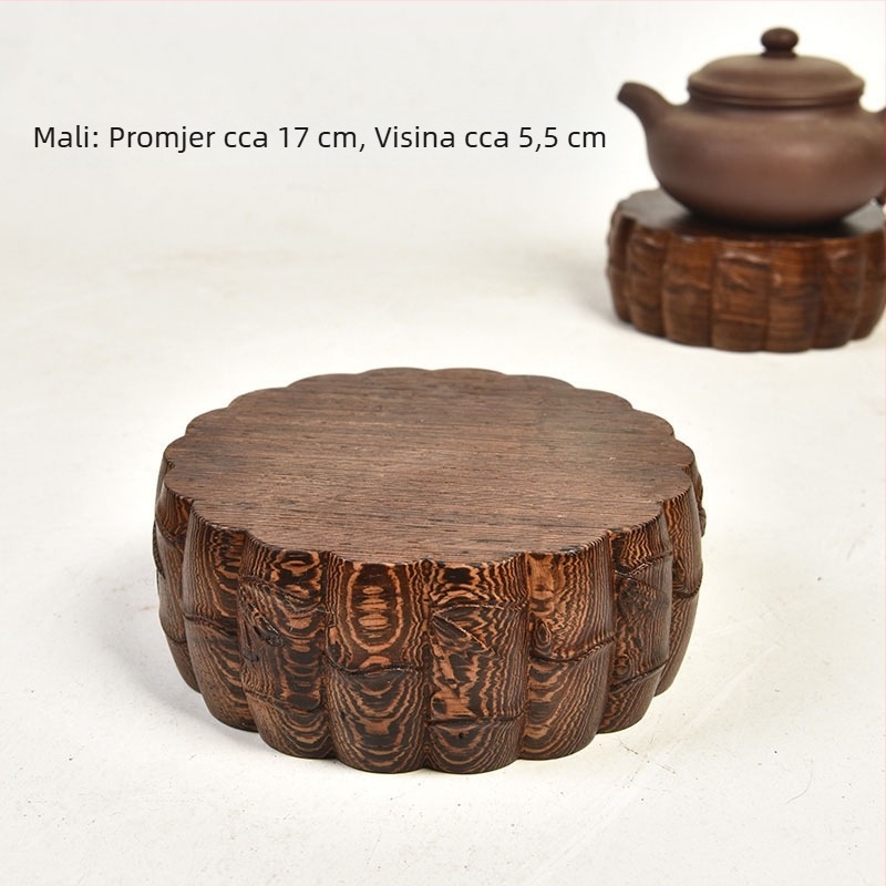 Kružna osnova od crvenog drveta s bambusnim uzorkom – drvorez, posuda za Bonsai i dekorativna statua Budha