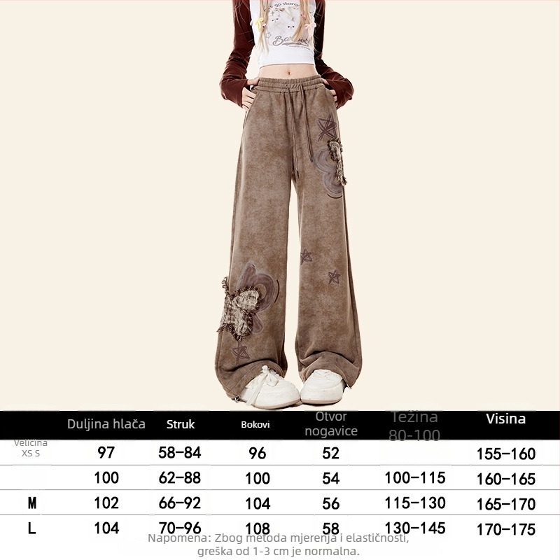 Smeđe ženske trenerke hlače s aplikacijom leptira, s flisom unutra, jesen-zima, američki vintage casual stil, udoban slobodan kroj, široke nogavice