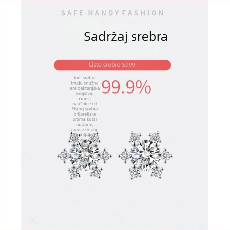Naušnice od srebra S999 s pahuljom snijega i cirkonijem ugraviranim – elegantan ženski dodatak