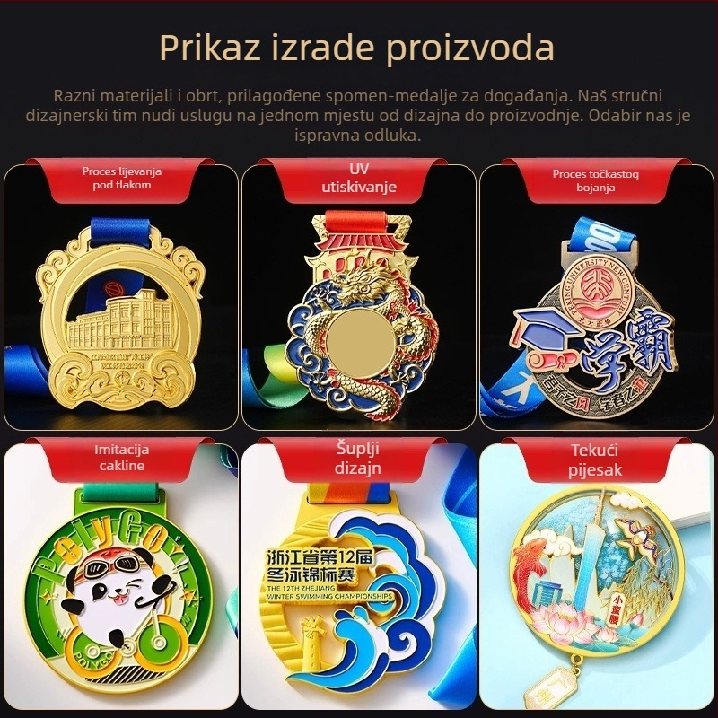 Prilagodljiva medalja za natjecanja i maratone, medalja od cinkovog legura s mogućnošću završetka zlatne, srebrne ili brončane boje te kreativnim dizajnom za vješanje.