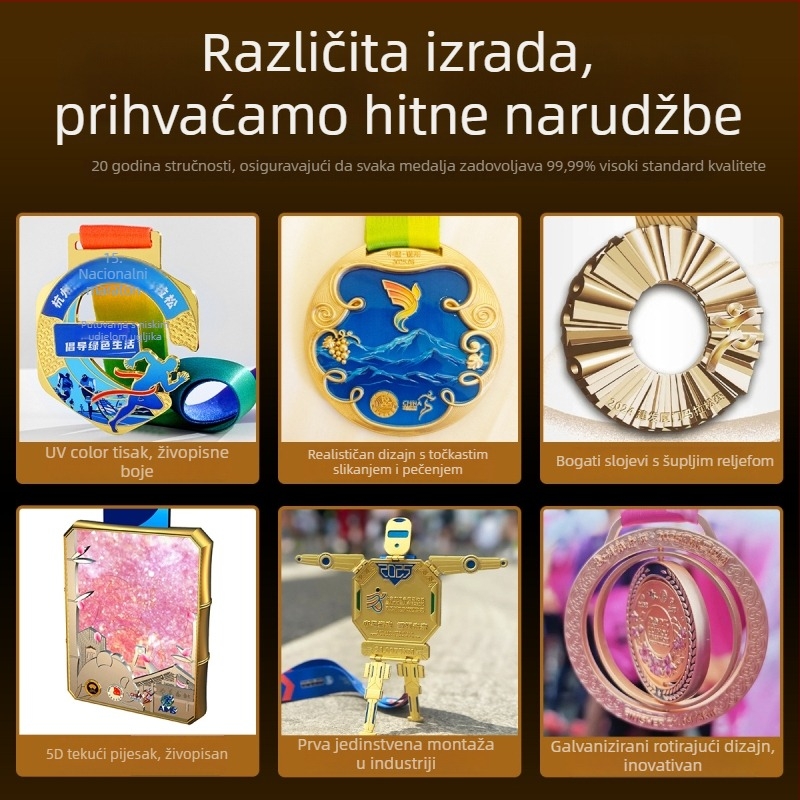 Prilagođene medalje za sportske događaje, maraton, planinarenje i kreativne aktivnosti; metalne emajlirane plakete zlatne, srebrne i brončane boje.