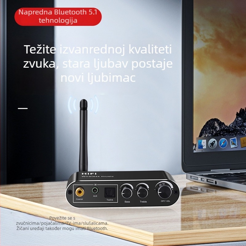 Bluetooth 5.1 RCA prijemnik, digitalno-analogni pretvarač zvuka s optičkim i koaksijalnim izlazom, podrška USB flash pogona, daljinski upravljač - T01