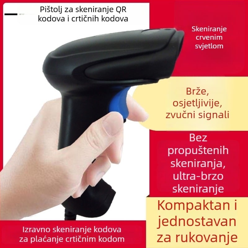 Kabelski ručni skener za bar kodove 1D s crvenim LED indikatorom, pogodan za supermarkete, trgovine s prehrambenimi proizvodima, catering i kurirske usluge