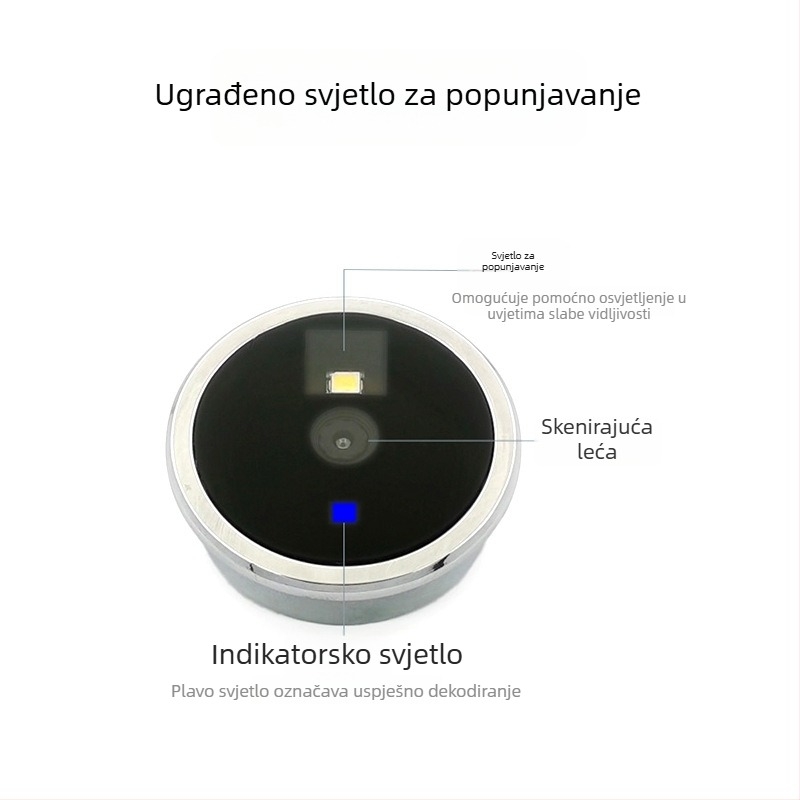 Ugrađeni kružni skener modul za čitanje bar kodova i QR kodova, metalno kućište, opcijski daleki ili kratki domet objektiva