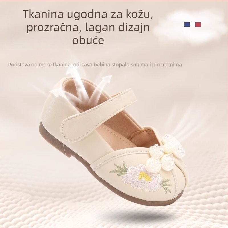 Dječje cipele s mekom potplatom za djevojčice, kožne cipele s izvezenim kineskim inspiriranim dizajnom princeze, prozračne, protusklizne, zatvaranje na Velcro traku