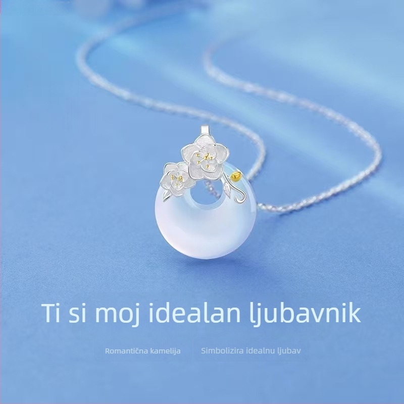 Ogrlica od srebra 925 s kamelijom od chalcedona, ženska ogrlica s lancem za ključnu kost, Valentinovo dar