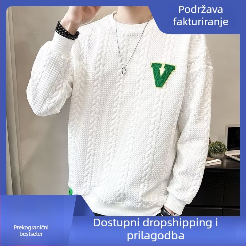 Bijeli muški pulover s okruglim izrezom, vrhunski dizajn, moda proljeće–jesen 2024