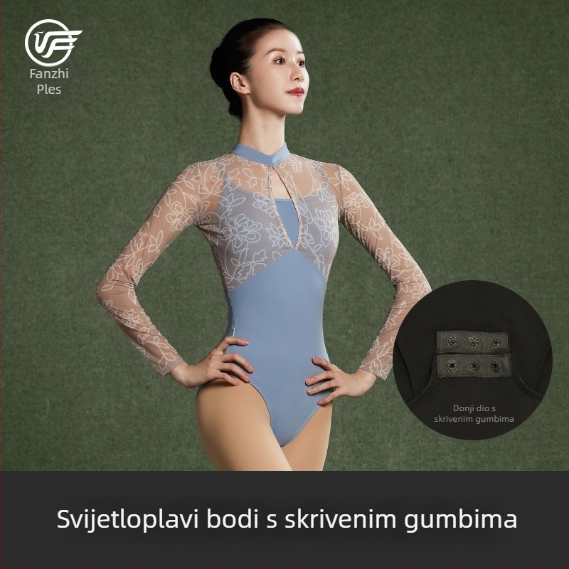 Čipkasti baletni bodi s dugim rukavima za vježbu gimnastike, iluzija dvodijelnog izgleda, jesen-zima