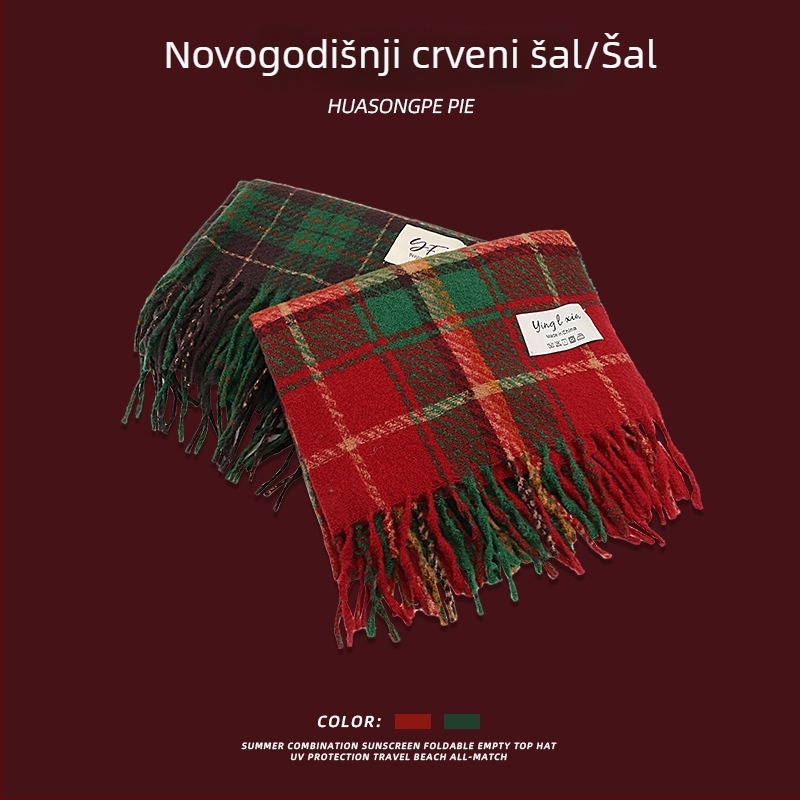 Crveni božićni šal za žene i muškarce, zimska debela topla, korejskog stila mekan šal za vrat.
