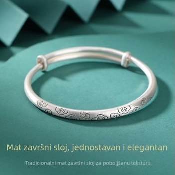 Ženska narukvica s antiknim mat završnim slojem i motivom oblaka, kineski stil, čvrst bijeli bakar s premazom srebra, mladenački stil, push-pull zatvarač