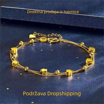 Bakrena narukvica s privjeskom zvijezde i perlicama sreće, pozlaćena pijeskom, ženski modni dodatak